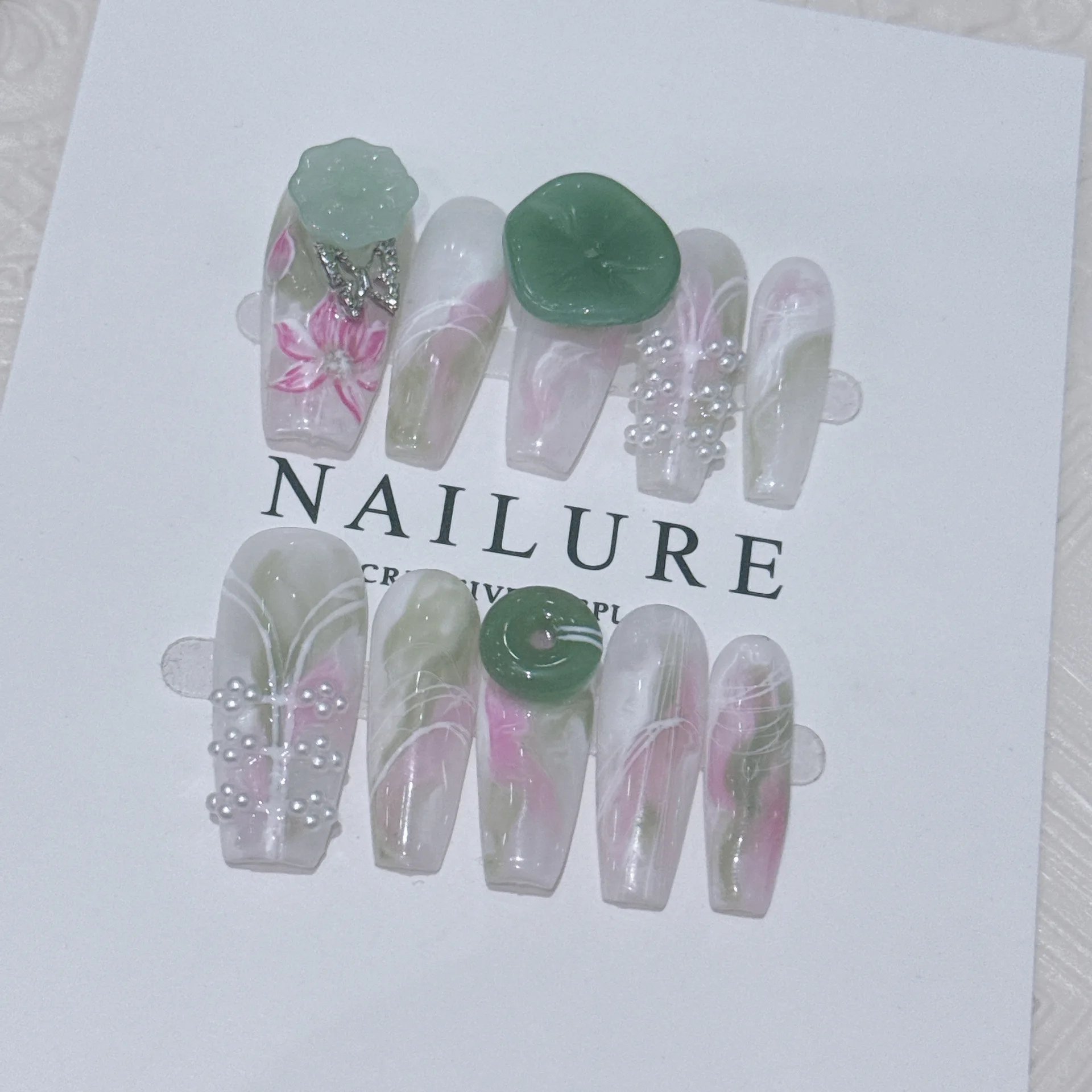 10pcs Handmade Press on Nails 3D Lotus Leaf Design Fake Nails Summer Wearable Gradient Pearl Decor Ballet Coffin False Nails