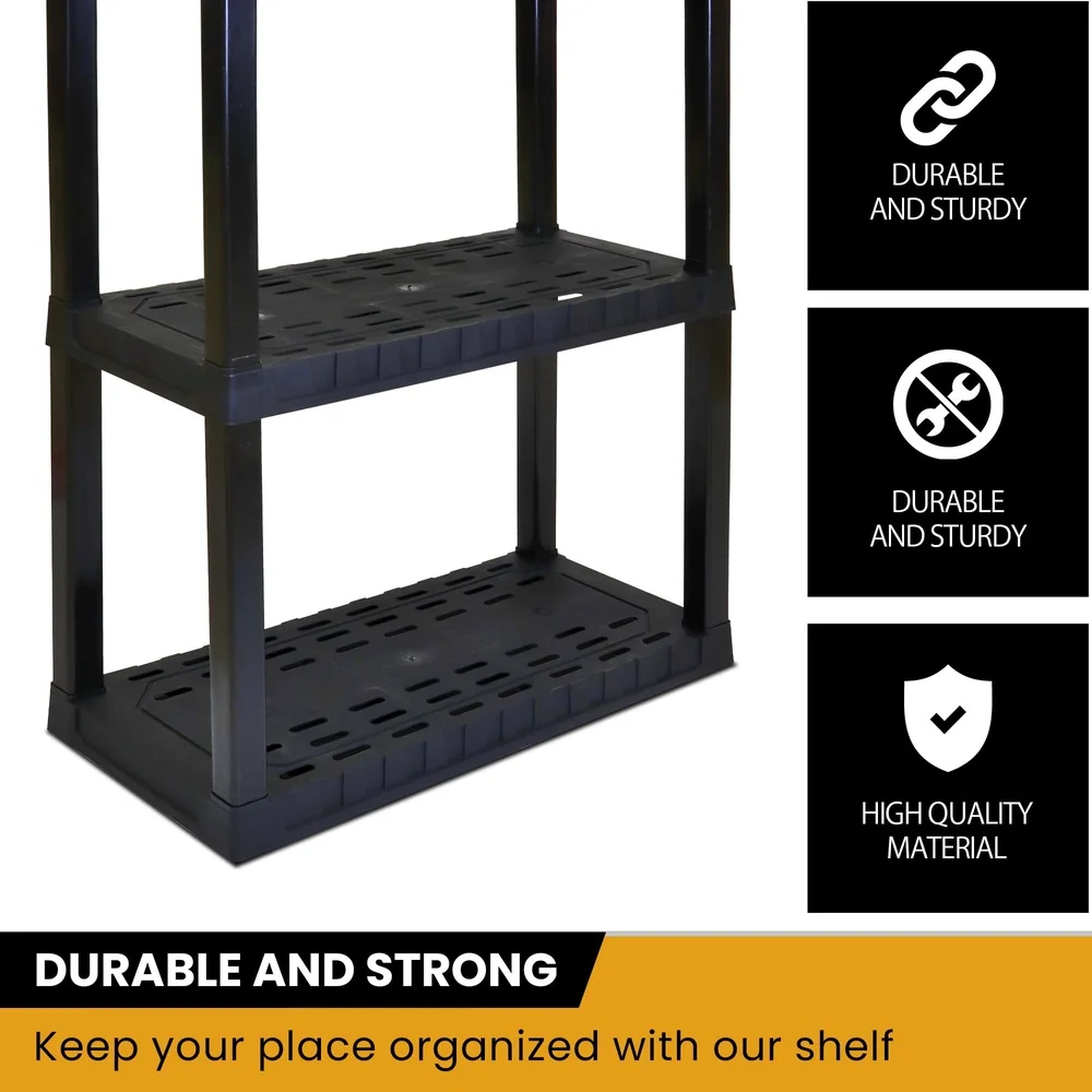 Multipurpose Plastic Garage Storage Rack 4-Tier Heavy-Duty Organizer Tool-Free Assembly Ventilated Shelves Space-Saving Design