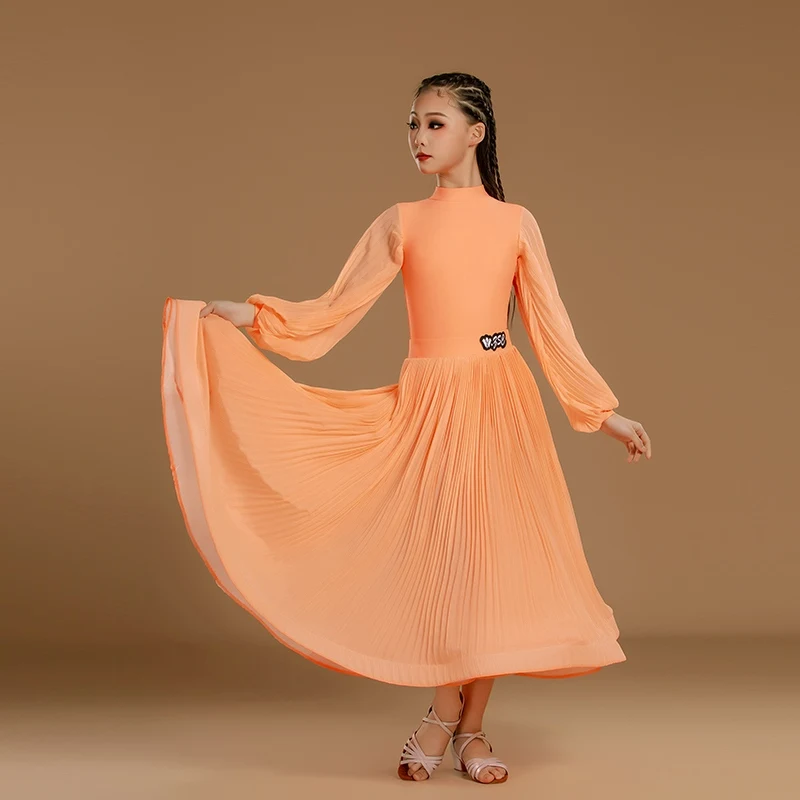 

2026 Waltz Modern Dancing Dresses Girls Orange Lantern Sleeved Latin Dance Dress Children Ballroom Dance Professional Wear 9679