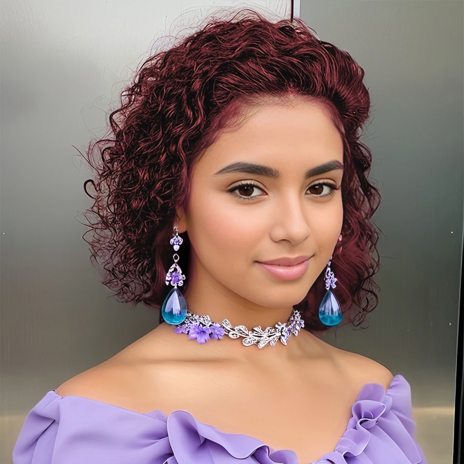 

13x4 Lace Front Human Hair Wigs Short Bob Pixie Cut Deep Curly 99J Burgundy Pre Plucked Hairline for Wome 180% Density