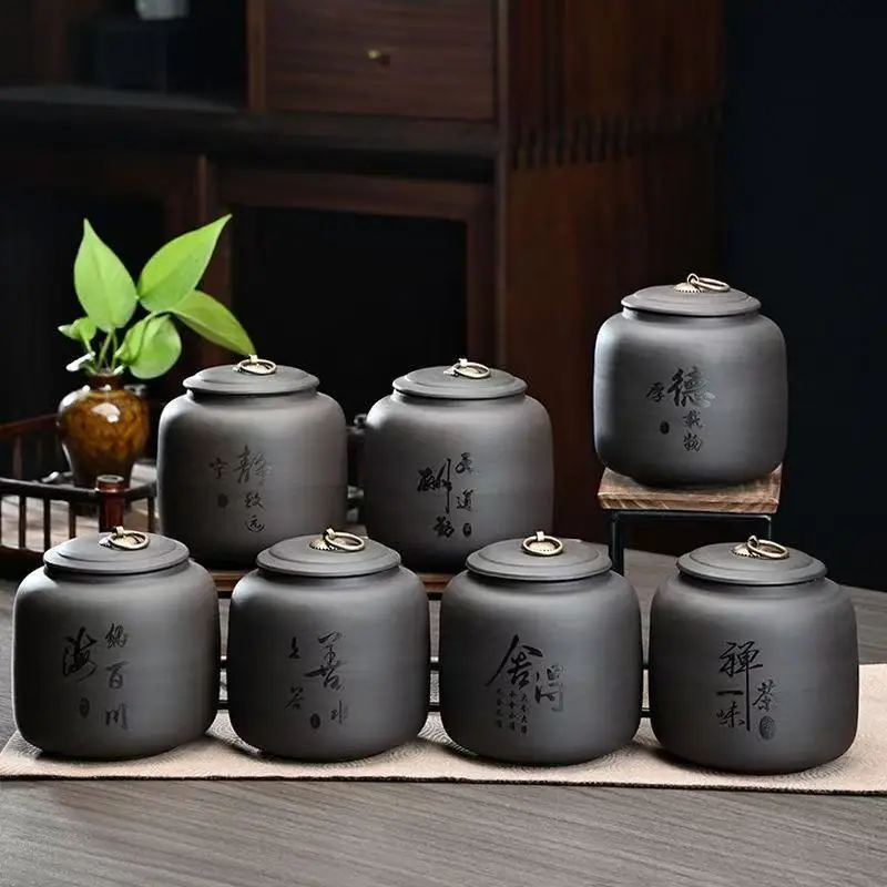Creative Black Purple Clay Tea Can Ceramic Tea Pot Sealed Candy Jar Ore Purple Art Tea Can Moisture-Proof Sealed Storage Pot
