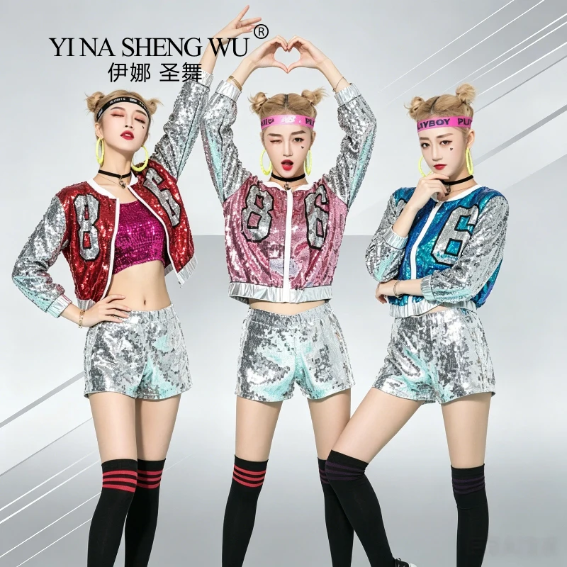 Jazz Dance Costumes Adult Hip-hop Street Dance Suits Dazzling Sequined Stage Costumes Contrast Color Design DJ Clothes Women