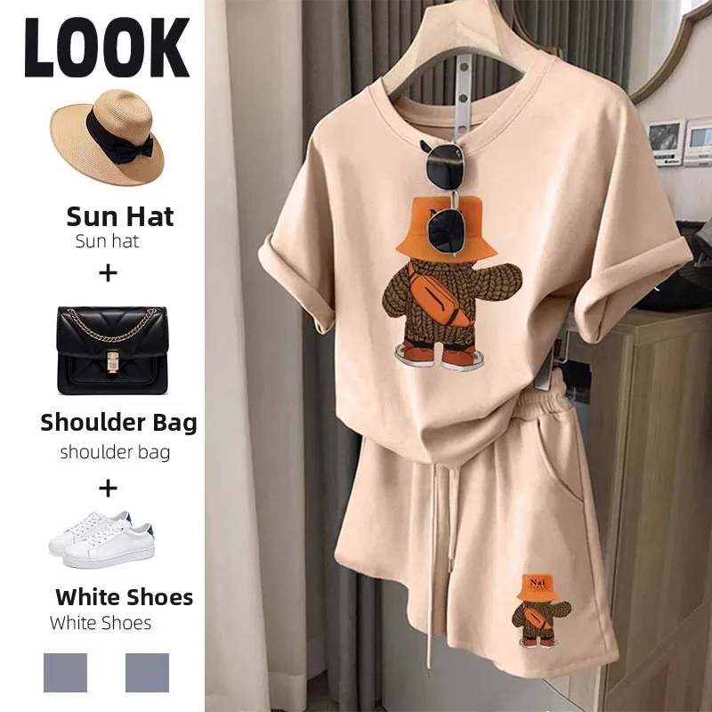 Conjunto de plones cortos de manga corta de aodón informal para mujer, ropa deportiva de dos piezas, cómodo, hoado, c...