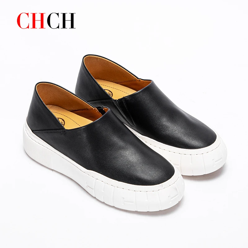 CHCH Women's Flat Shoes 2024 Autumn New Black Cowhide Material Muller Shoes Simple and Comfortable One Step Casual Shoes