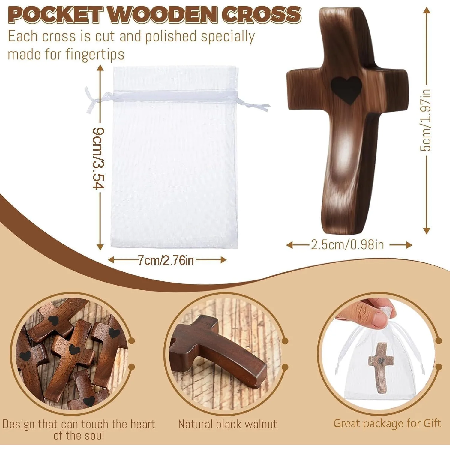 Handmade 3Pcs Pocket Wooden Cross with Organza Bags Stress Relief Cross My Heart for Christian Religious Easter Day Gifts