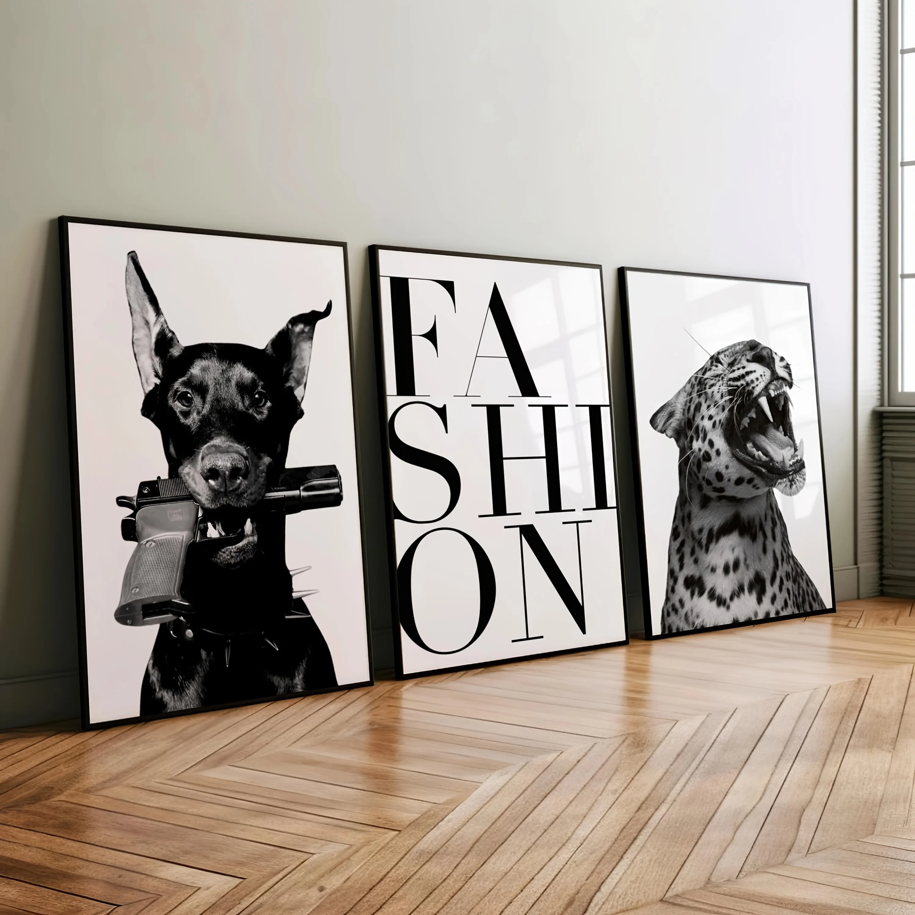 3PCS Doberman & Leopard Black White Grey Animal Poster Minimalist Dog Lover Gift Modern Wall Art Canvas Paintings For Room Decor