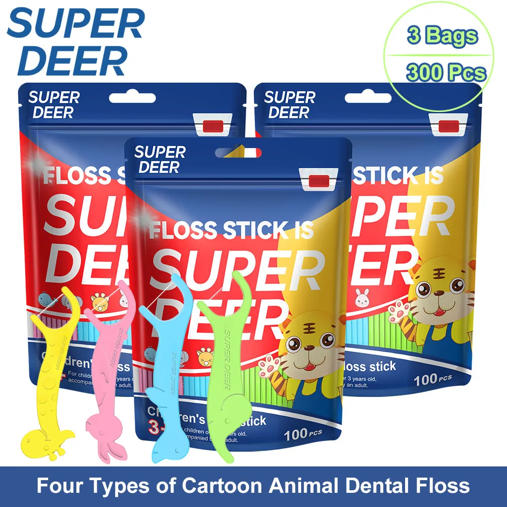 

300Pcs Children's Dental Floss Four Cartoon Animal Design Ultral-fine Floss Stick Cleaning Between Teeth Oral Care Tool