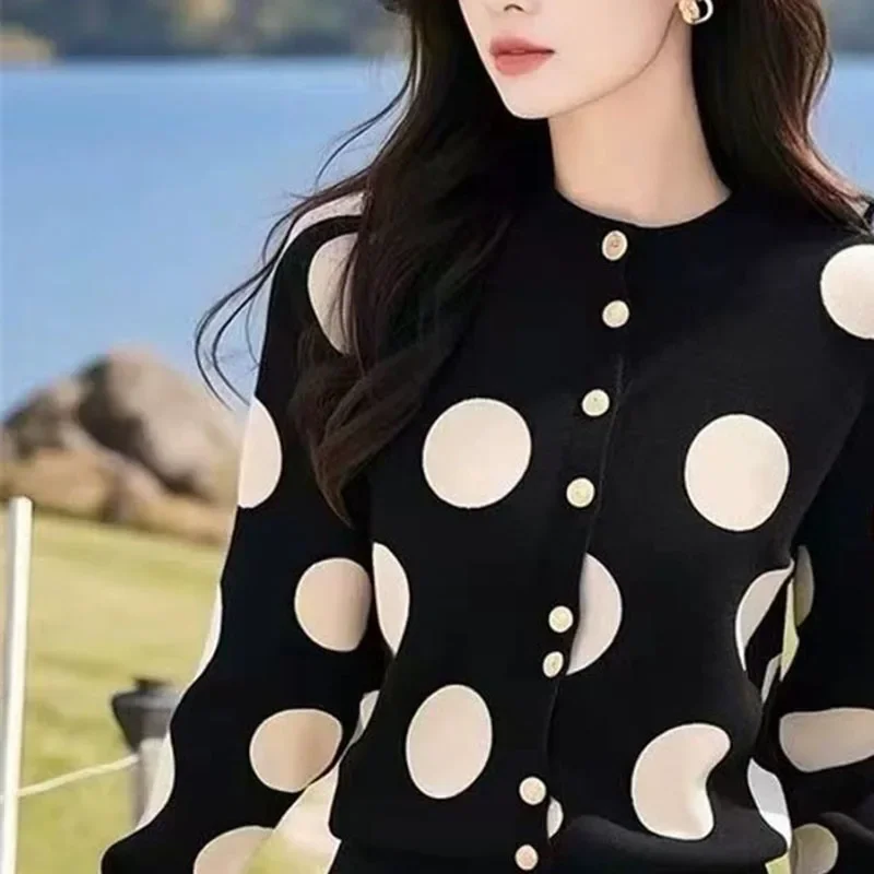 Good-Looking Black Polka Dot Knitted Cardigan Sweater Ladies Knitted Sweaters Korean Style Versatile Autumn Winter Jacket Coat