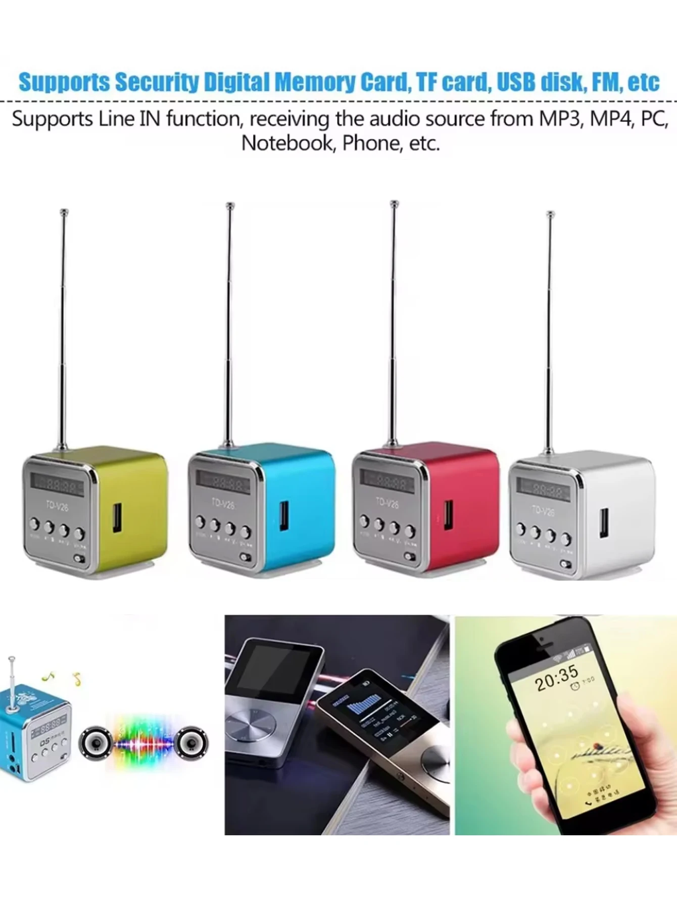 

Мини-колонка TD-V26 с Bluetooth, цифровым дисплеем, FM-радио, MP3-плеером, поддержкой TF-карт/USB-накопителей и перезаряжаемой батареей для ноутбука