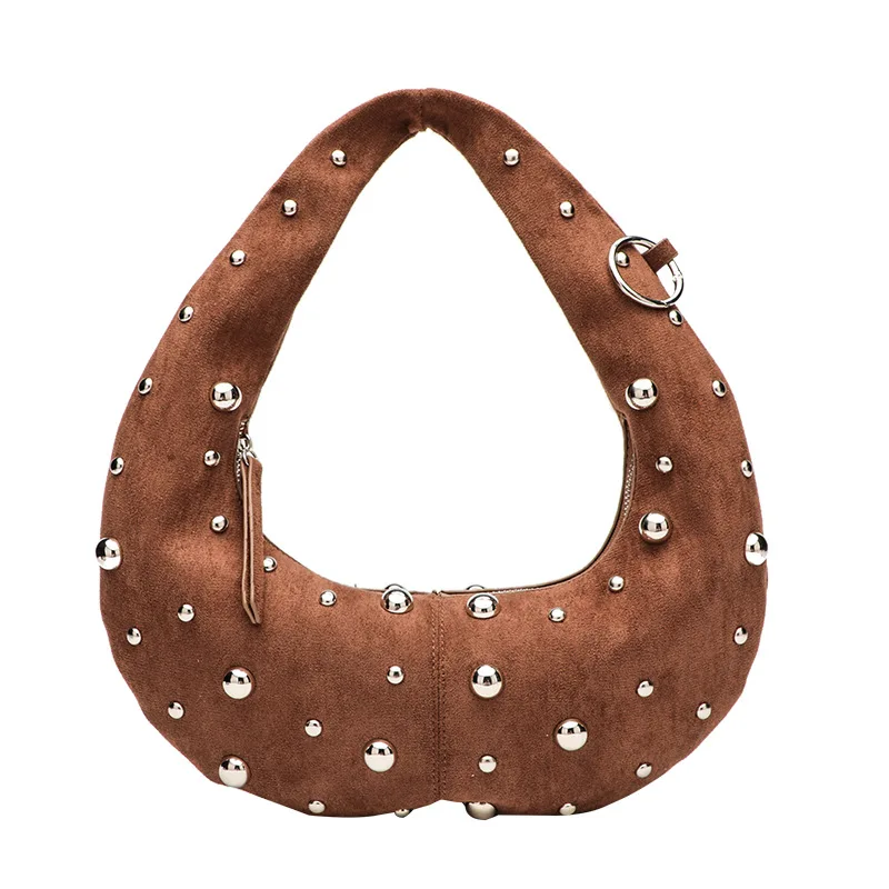 Faux Suede Halfmoon Vintage Rivet Women Shoulder Bags Designer Punk Lady Handbags Luxury Pu Leather Underarm Bag Small Purse