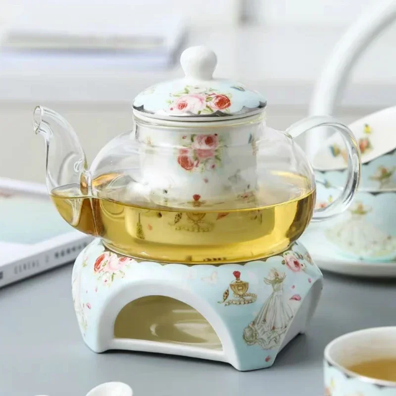 Teaware Glass Teapot Ceramic Tea Warmer Stove Suit Heat-resisting Water Kettle European Afternoon Flower Drinkware