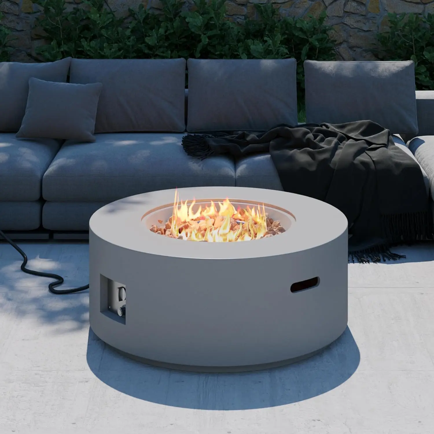 32 inch Round Propane Fire Table 50000 BTU Steel Lid Rain Cover 10ft Hose Lava Rocks Grey Patio Outdoor, Customized