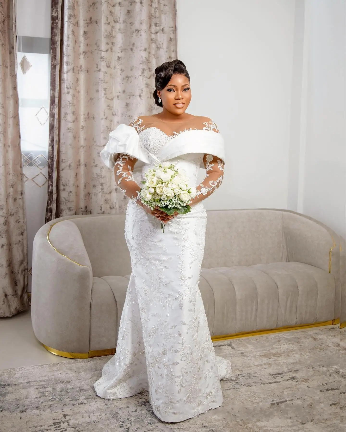 فستان زفاف حورية البحر أنيق برقبة شفافة مزين بالخرز للعروس فيستدو دي نويفا بأكمام طويلة فستان زفاف متواضع