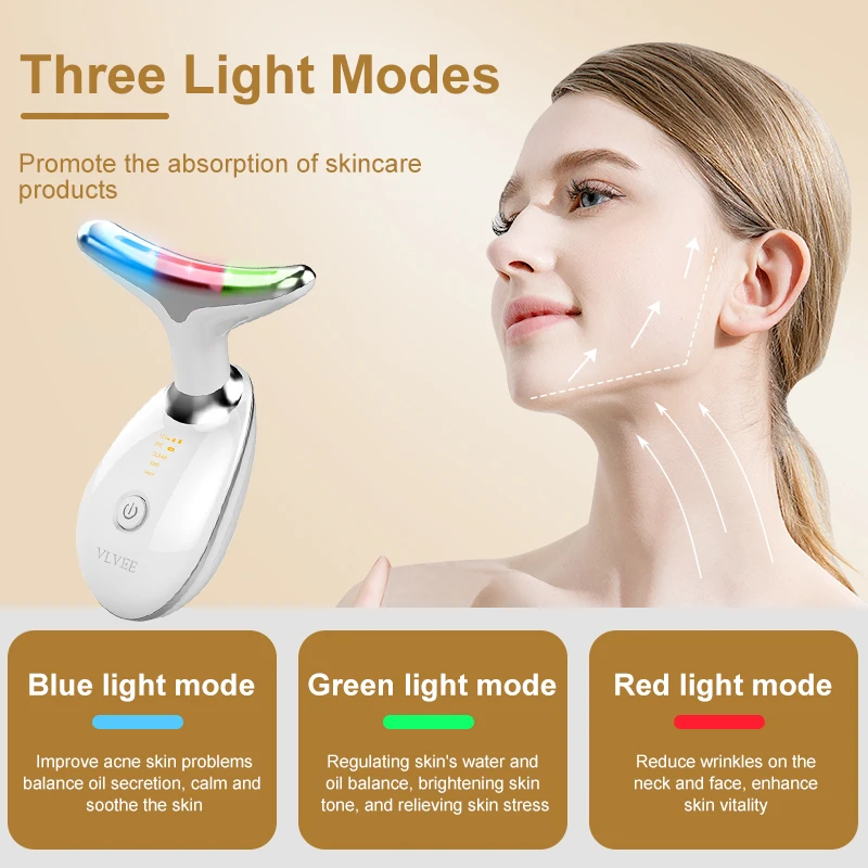 VLVEE EMS Neck Face Beauty Device 3 Colors Light Heat Vibration Massage Lift and Tighten The Face Reduce Cheek Wrinkles SkinCare