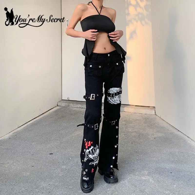 [You're My Secret] Punk Black Buckle Pants Skull Print Harajuku High Waist Pocket Trousers Goth Mall Grunge Cargo Pants Techwear