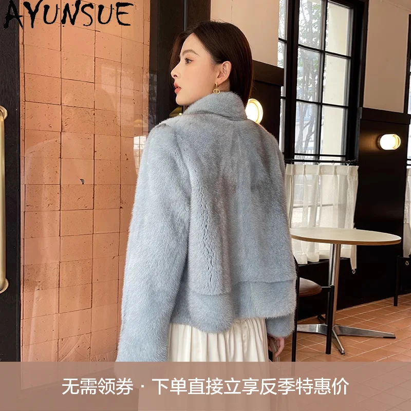 AYUNSUE 럭셔리 천연 밍크 퍼 코트 여성 의류 리얼 퍼 코트 여성 크로스 여성용 밍크 신상 겨울 재킷