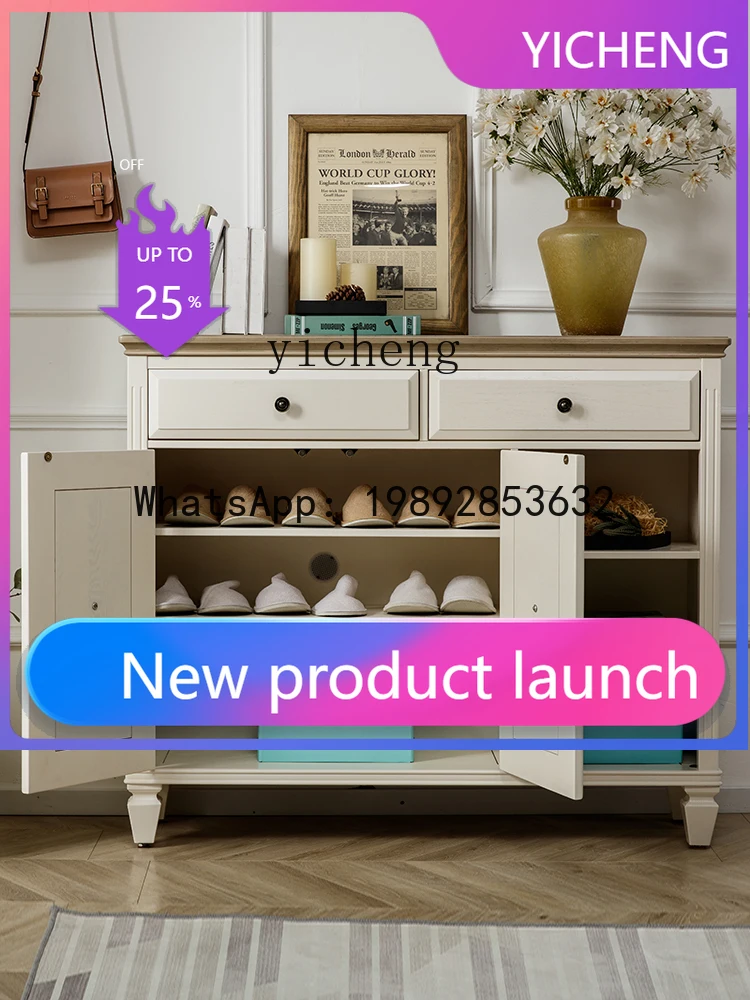 

TT Mediterranean shoe cabinet household all solid wood balcony locker red oak log furniture small apartment entrance storage