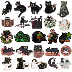 Cute Black Cat Enamel Brooch Cat Wreath Plant Rose Book Coffee Cat Fish Bag Creative Animal Metal Badge Lapel Pin Jewelry