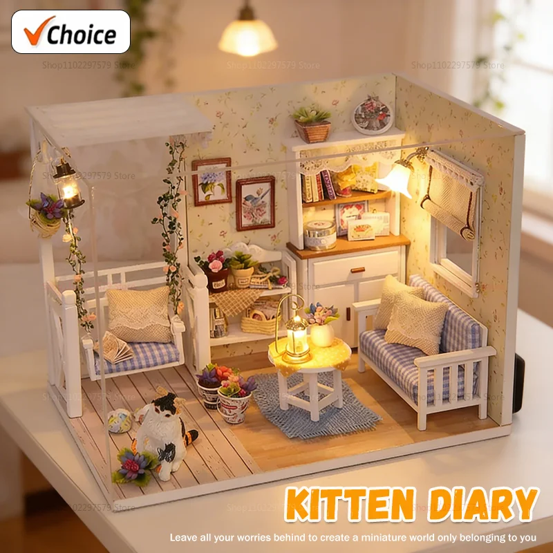 Mini-Miniatur-Puppenhaus DIY-Bausatz für kleines Haus Raumgestaltungsspielzeug Kreative Raumdekoration für Schlafzimmer mit Möbeln Holzhandwerk Geschenke