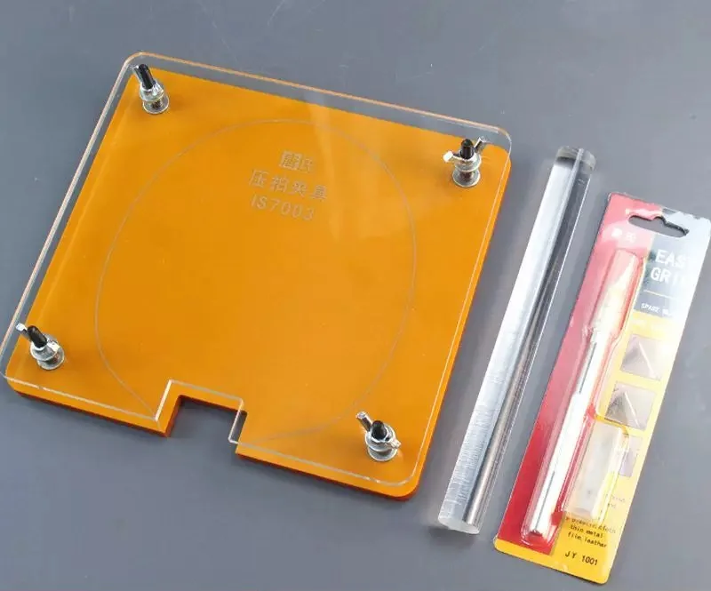 Table Tennis Racket Clamp and Board Holder with Glue Roller and Cutter for Compacting