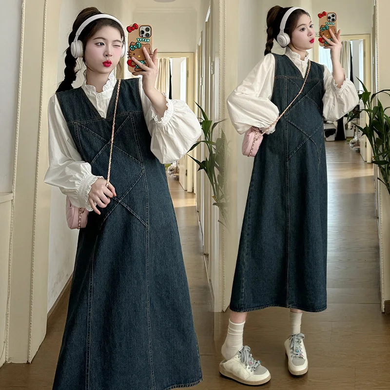 

Джинсовый комплект для беременных, осенняя рубашка Chambray, платье-набор, комплект из двух предметов, стильная удобная шикарная одежда для беременных