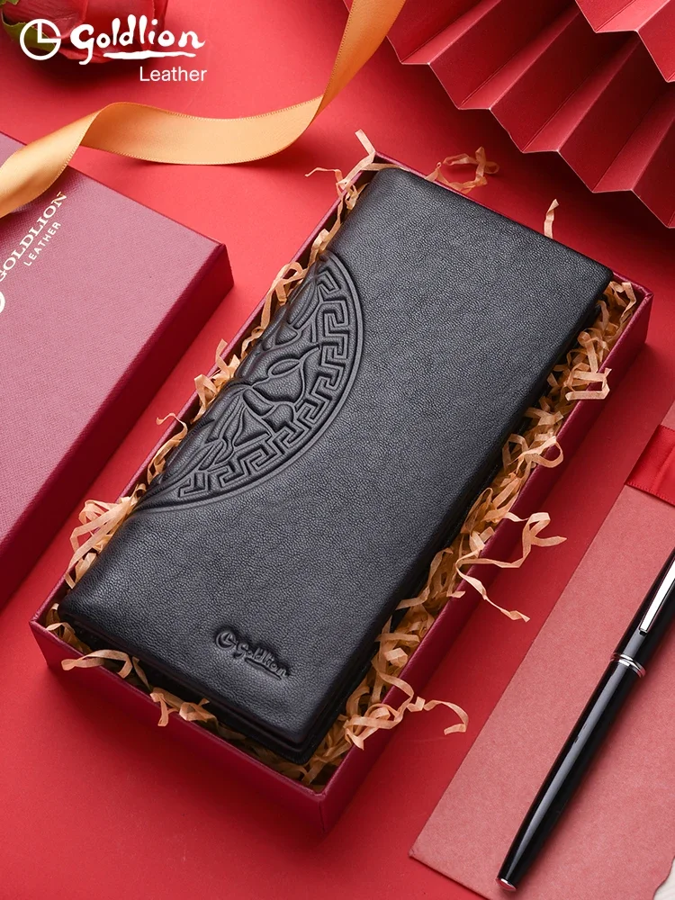 Оригинальный роскошный дизайнерский длинный мужской кожаный кошелек Goldlion, высококачественный вертикальный повседневный кожаный кошелек из воловьей кожи