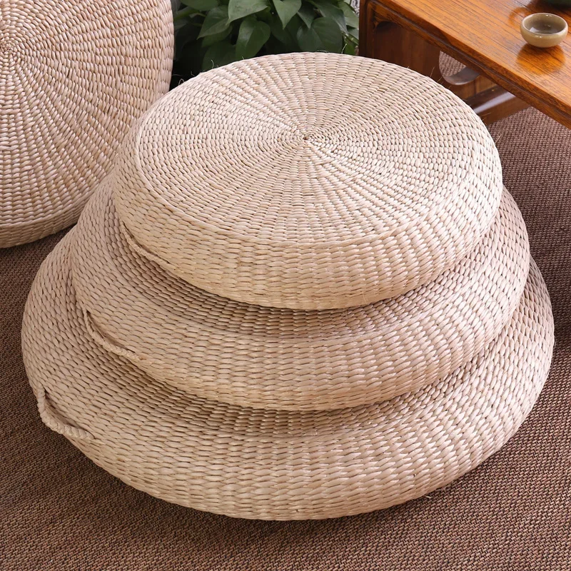 Thickend Grass Woven Meditation Stool Japanese Tatami Floor Mat Yoga Pad Tea Ceremony Seat with Handles Non-Slip Round Stools