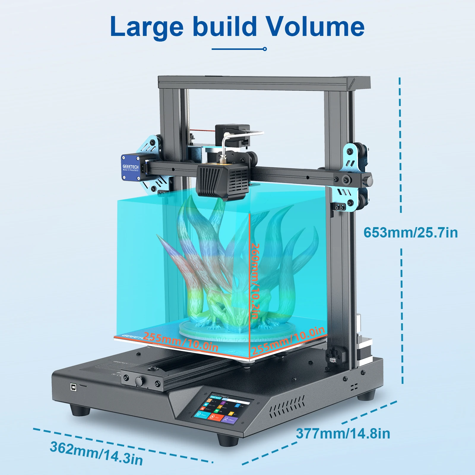 GEEETECH midar S – imprimante 3d, extrudeuse à double engrenage et lit chauffant fixe à axe Z avec nivellement automatique, fonctionne bien avec de nombreux filaments, TMC2208