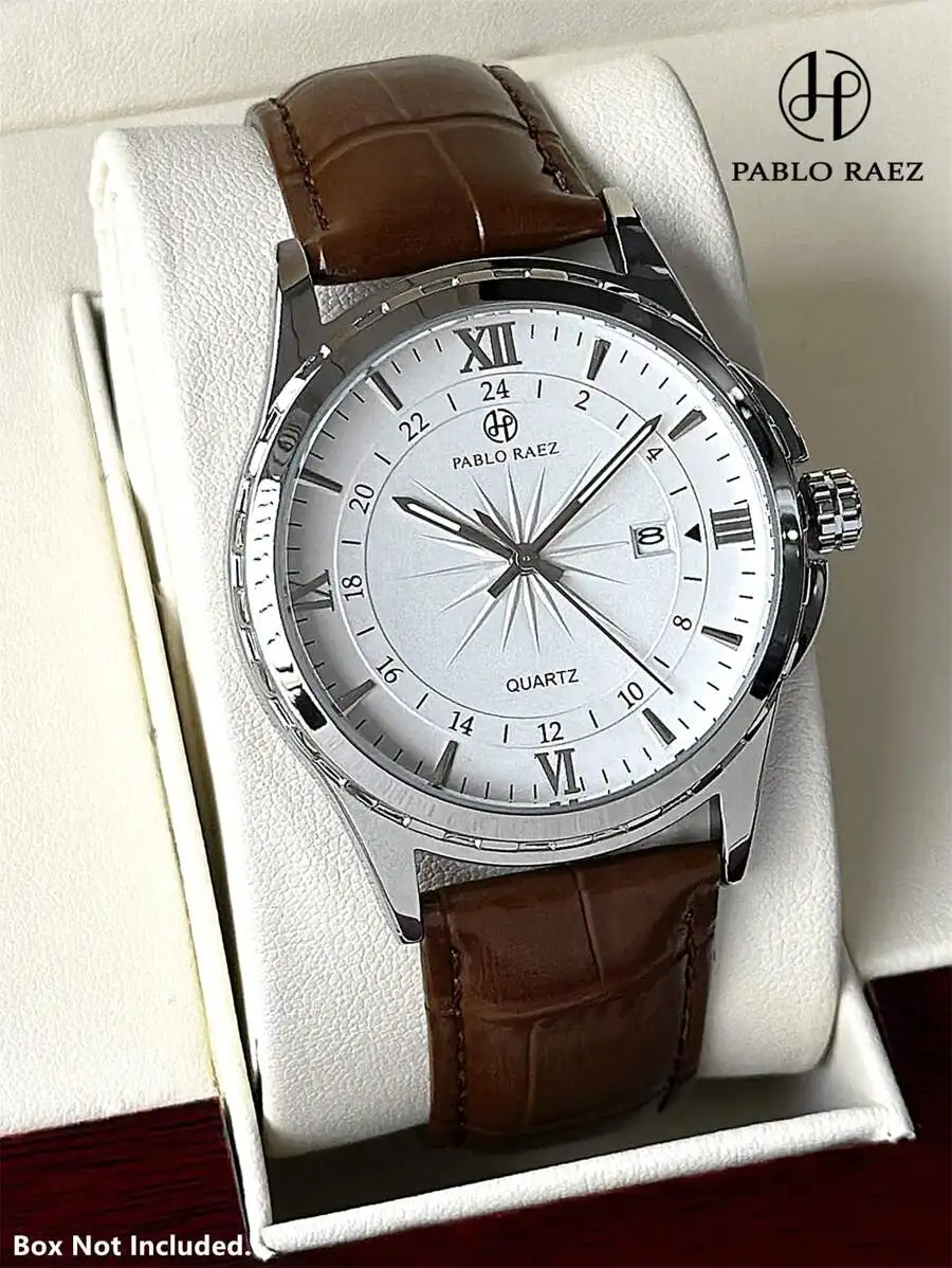 

Мужские кварцевые наручные часы с римскими цифрами, коричневым кожаным ремешком, окошком для отображения даты, водонепроницаемостью до 50 метров.