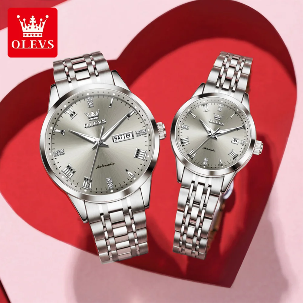 

OLEVS часы для пар, лучший бренд, роскошные модные оригинальные автоматические механические наручные часы из нержавеющей стали, водонепроницаемые светящиеся дата