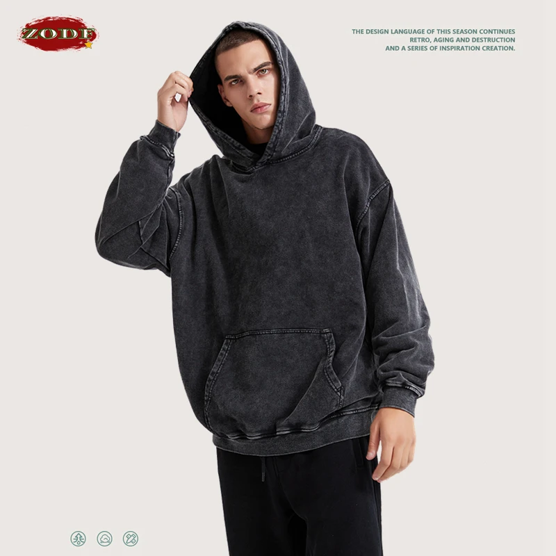 ZODF Trendy 2022 Autumn Men 380gsm Cotton Washed Retro Hoodies Pullover Loose Unisex High Street Solid Hooded Sweatshirts HY0300