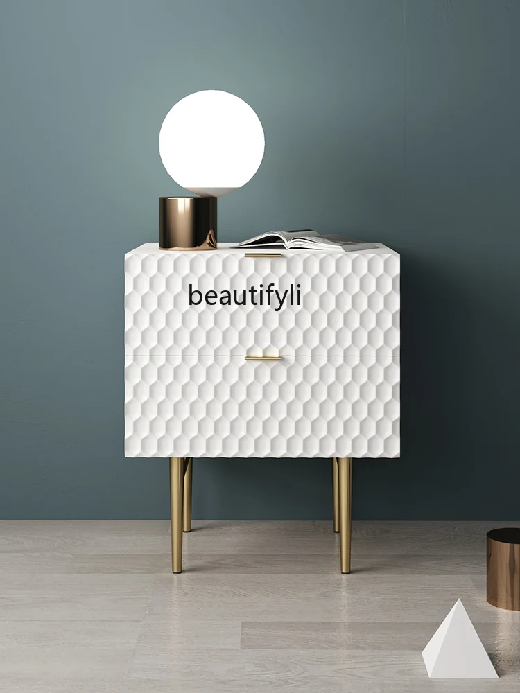 zqLight Luxury Bedside Table Modern Simple and Fashionable Shell Pattern Bedroom Hong Kong Style Metal High Leg Side Cabinet