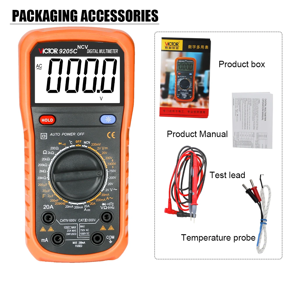 Victor 9205B Digital Multimeter NCV New Professional True RMS AC/DC Current Tester HFE Ohm Capacitor Voltage Meter Detector Tool