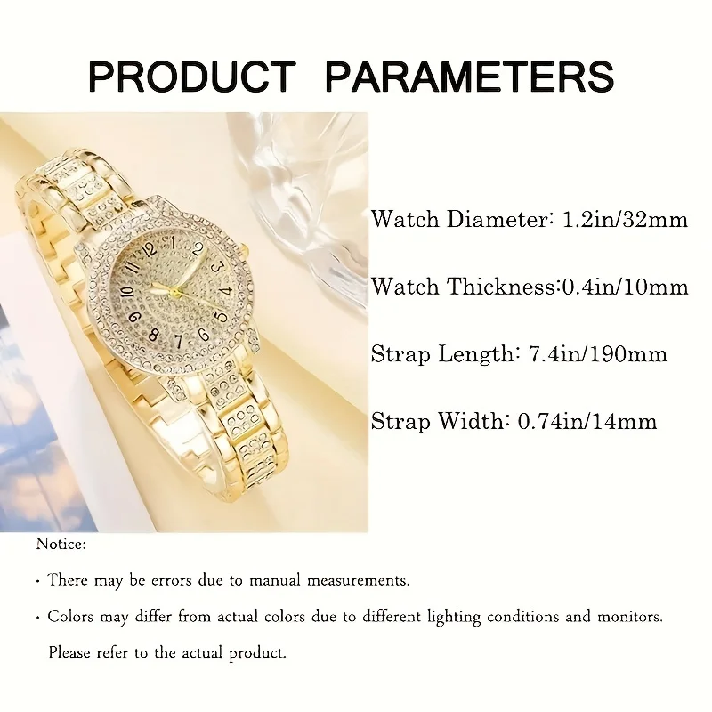 6pcs/set Glamorous Luxury Rhinestone Womens Watch with Quartz Movement - Stainless Steel Analog Wrist Watches