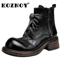 Koznoy 5.2cm New Cow Genuine Leather Vintage Punk Boots Ankle Booties Platform Wedge Women Booties Knee High Boots Chunky Heel