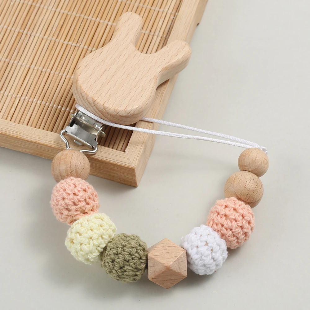 Baby Pacifier Chain Animal Bunny Elephant Heart Beech Pacifier Clip For Wood Round Felt Balls Bead Teether Nipple Chain Chew Toy