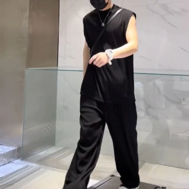 

Summer Solid Sleeveless T-shirts Trousers Suit Men's Casual Loose Simple High Street Personality Comfortable Vest Pants Set