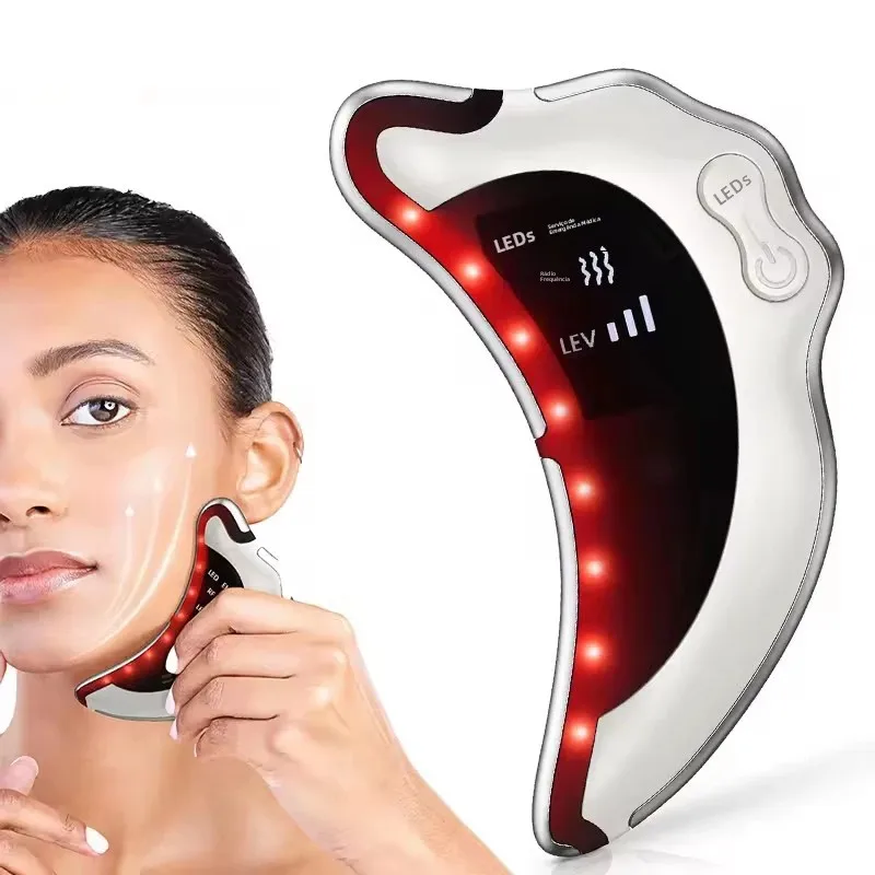 Aparelho Elétrico de Radiofrequência com Luz Colorida, Ferramentas Gua Sha, EMS, Aparelho de Massagem Vibratória para Lifting Facial e Aparelho de Beleza para Pescoço