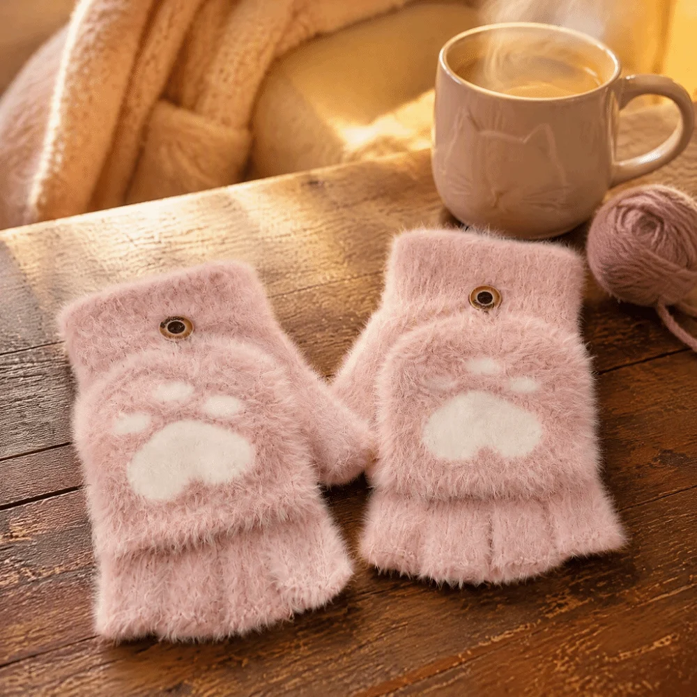 Fashion Soft Cat Paw Gloves Flip Up and Down Thicken Half Finger Gloves Short Fingerless Cozy Warm Mittens Adults