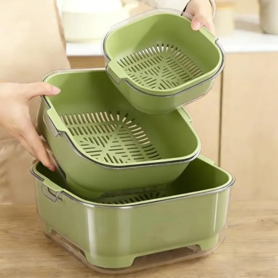 

3 Pcs Set Double-Layer Plastic Colander, Large Capacity Food Strainers, Fruits Vegetable Washing Draining Basket, Detachable an