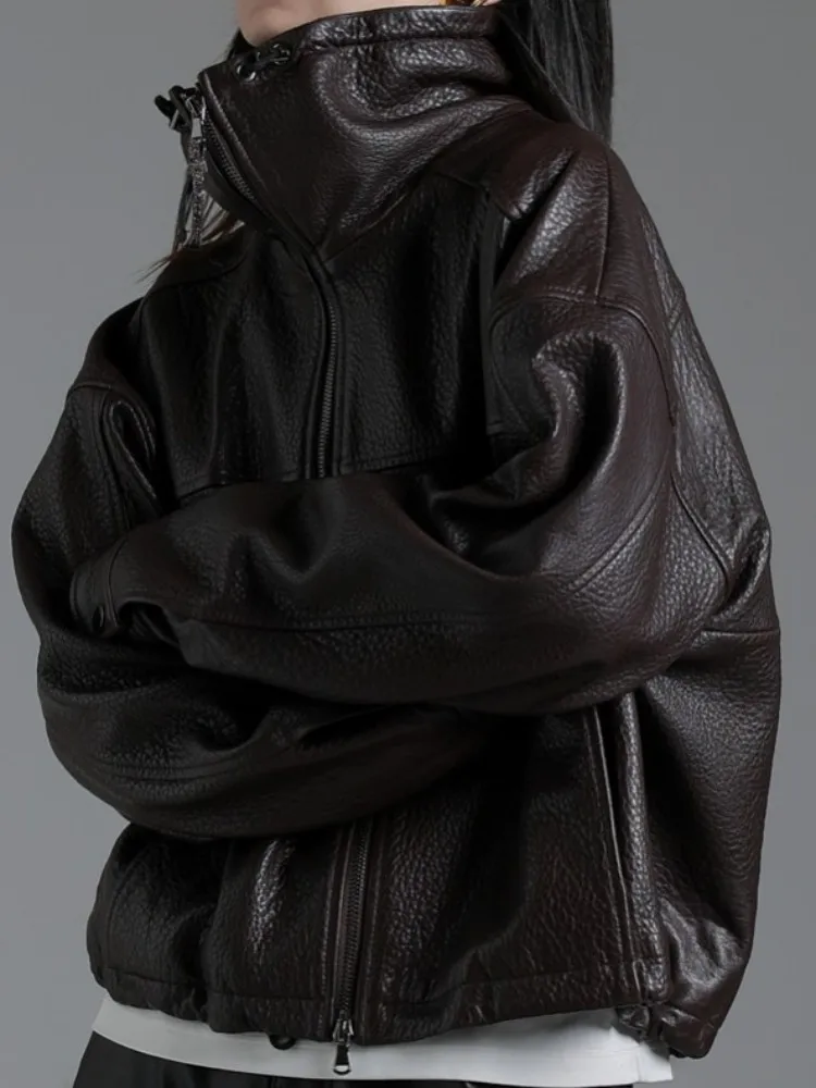 Freizeit-Stil, einfarbig, echtes Leder, Damen, handgefertigt, Umlegekragen, Reißverschluss, lange Ärmel, Schaffell-Oberbekleidung