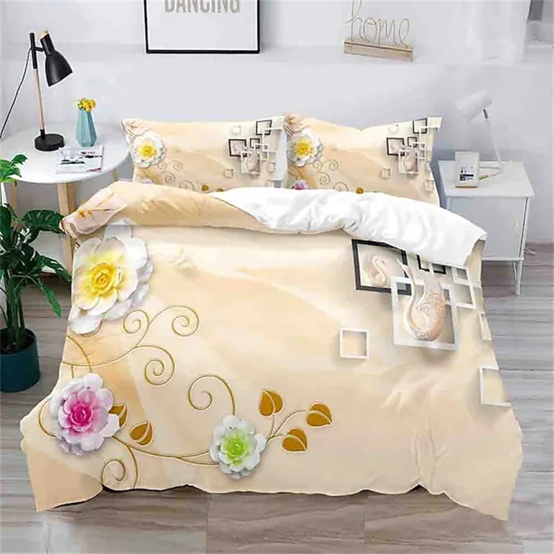 

Floral Duvet Cover King Microfiber 3D Botanical Blossom Flowers Bedding Set Luxury Geometric Swan Comforter Cover For Girls Teen