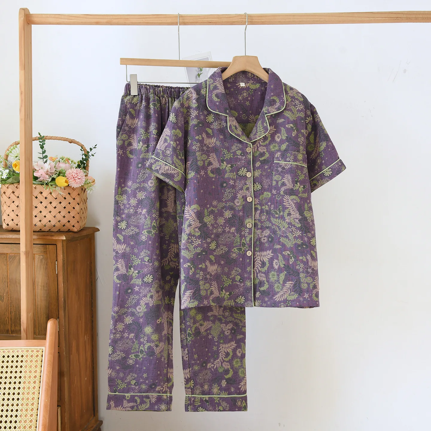 

Summer Women's Pajamas Two Piece Set Jacquard Cotton Crepe Thin Short Sleeves Shirt Long Pants Homewear