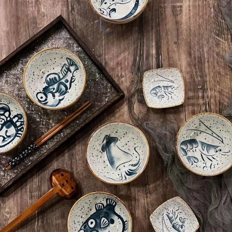 

Retro Ceramic Bowls and Plates Household Japanese Tableware Cartoon Fish and Shrimp Pattern Taste Saucer Restaurant Utensils