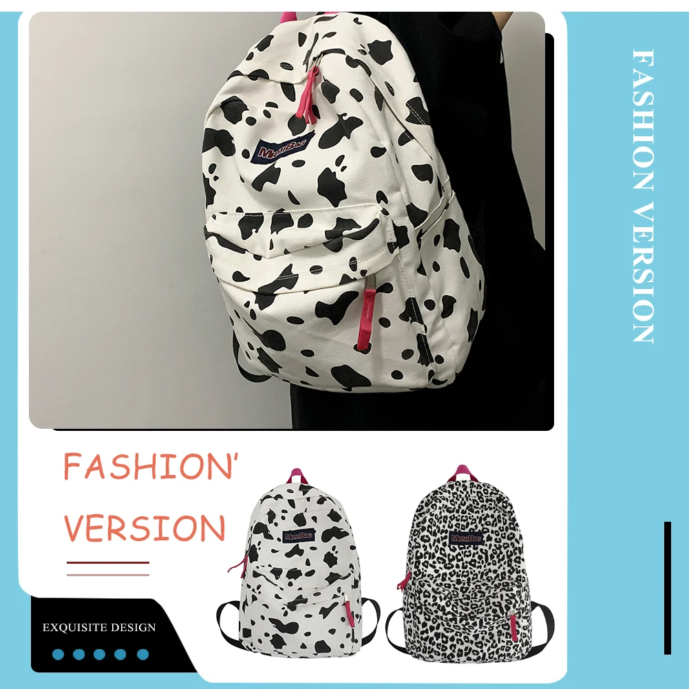 Mochila de lona grande para mulheres, estampa padrão zebra vaca, estilo preppy, bolsas casuais para estudantes, moda retrô, estilo coreano