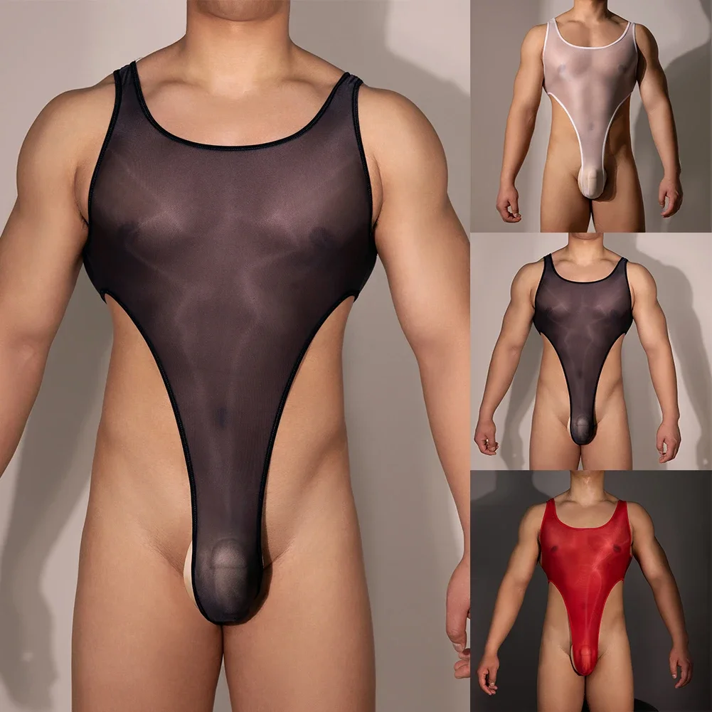 Sexy Mens Stretchy Backless Erotic See Through Thong Leotard High Cut Swimwear Shiny Bodysuit Elastic Porn Bodycon Gay Lingerie