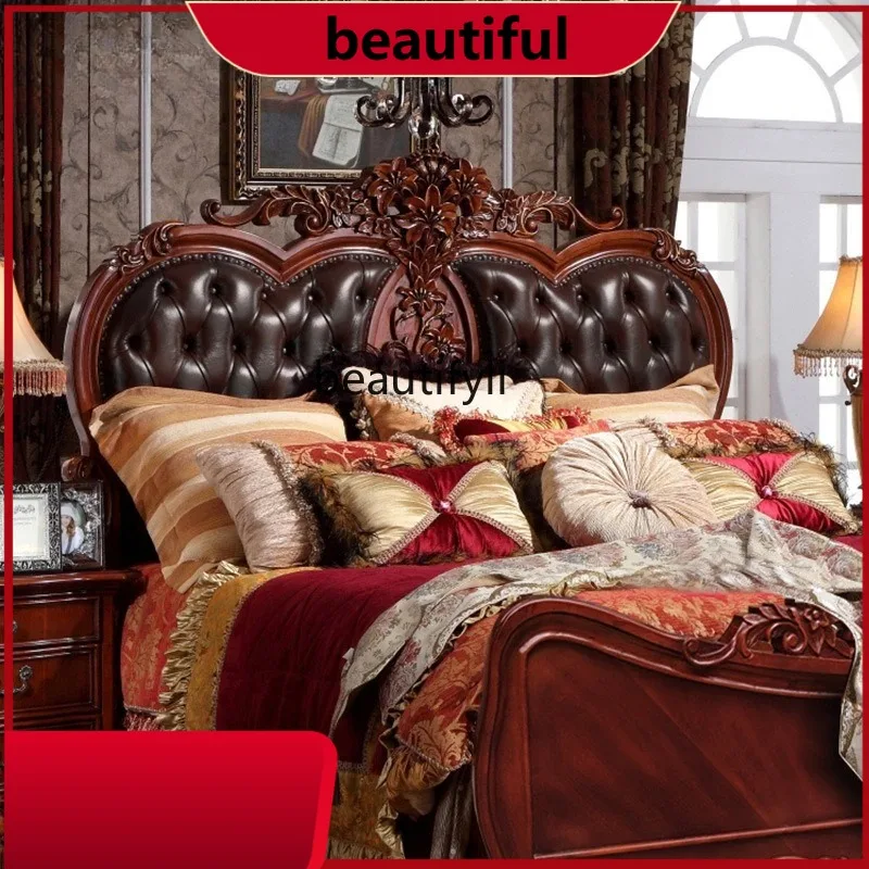 

American light luxury leather bed atmospheric wedding bed European master bedroom solid wood carving flower, double bed H