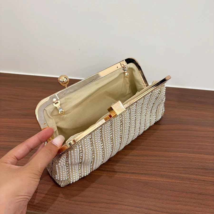 Luxury Full Rhinestone Evening Bag Ladies Kisslock Clutch Diamonds Pearls Bags for Women Handbag Frame Party Shoulder Bag NEW
