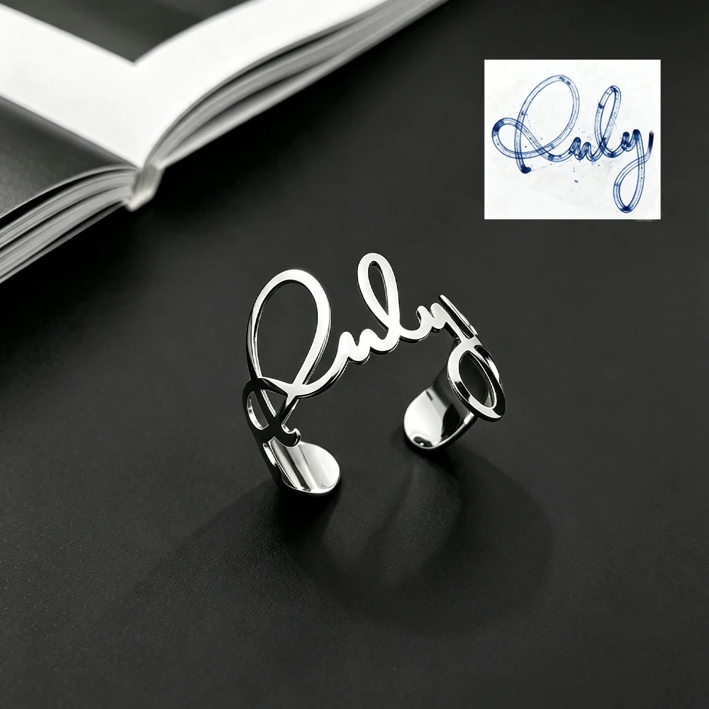Custom Handwriting Signature Open Cuff Bangle Stainless Steel Personalized Real Hand Script Bracelet For Women Memorial Birthday