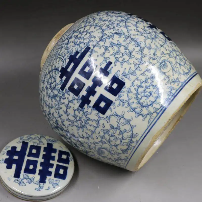 9.5 inch  Qing Dynasty Blue and White Porcelain Scroll Joyous Character Jar Antique Ceramic Collectible Chinese Home Decor
